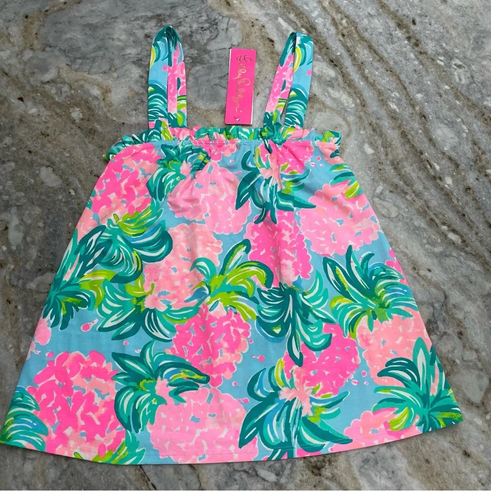 NEW Lilly Pulitzer Jia Tank Top Sz Pineapple Shake Blue Ibiza Floral Ruffle - Picture 9 of 11